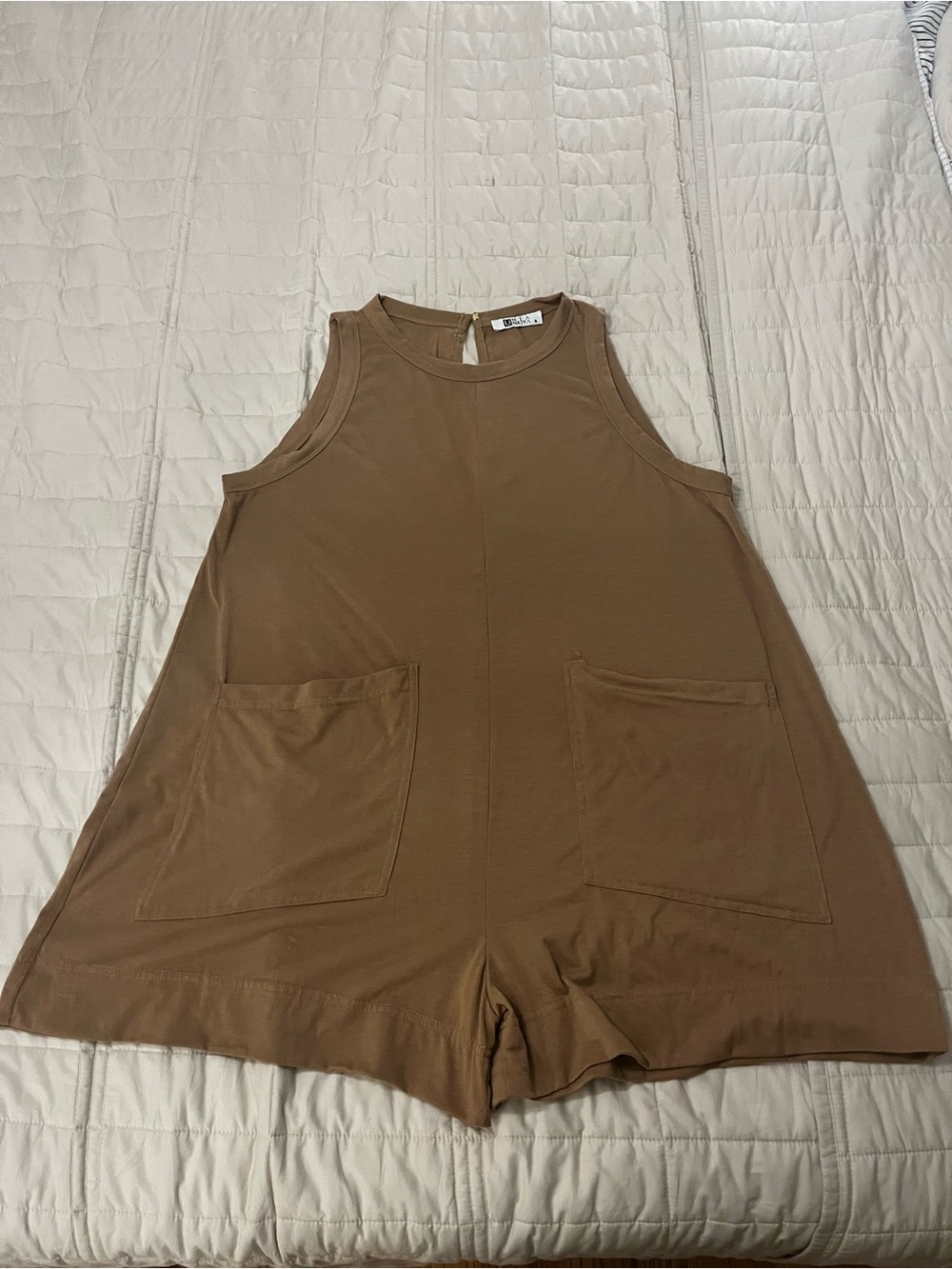 Brown Sleeveless Pocket Romper -  Split Back Detail